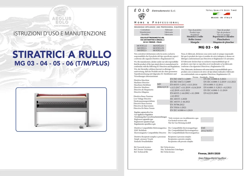 Stiratrice a rullo 120x25 cm Modello MG05 T Mangano da Stiro Professionale Biancheria Piana Lenzuola Federe Tende Asciugamani Controllo elettronico Risparmio energetico A++ Conca Alluminio Made in Italy Garanzia 5 anni