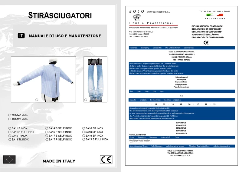 EOLO Stirasciugatrice SA25 FV Stira Asciuga Professionale Automatico a Vapore Pneumatico Camicie Ferro da Stiro a Secco Motore Soffiante Made in Italy Garanzia 5 Anni Efficienza A++