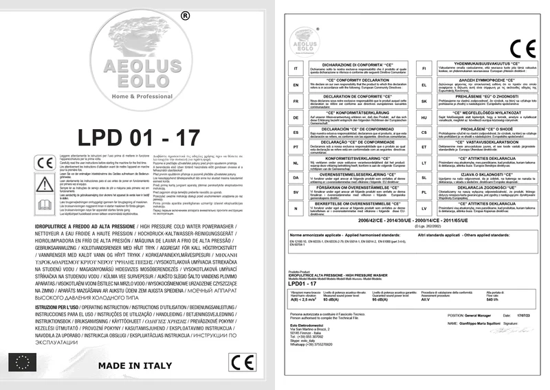 EOLO Idropulitrice LPD05 Professionale ad Acqua Calda Made in Italy Garanzia 5 Anni Efficienza A++