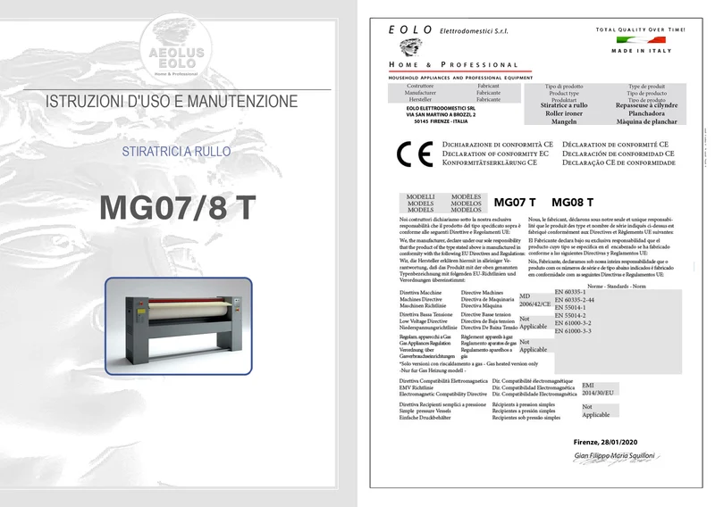 Stiratrice a Rullo Professionale MG07 Mangano da Stiro Biancheria Piana Federe Lenzuola Copriletti Asciugamani Tende Tovaglie Tovaglioli Rullo 160x30 cm Elettronica Efficienza A++ Garanzia 5 Anni