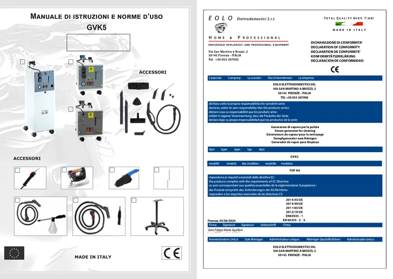 EOLO Generatore di Vapore GVK5P 3S Professionale Lavasuperfici Disinfesta Lavavetri Vaporetto Potente Kit Accessori Pulizia Igienizzazione Set Divani Tende Tessuti Sedili Auto Anticalcare Made in Italy Garanzia 5 Anni Efficienza A++