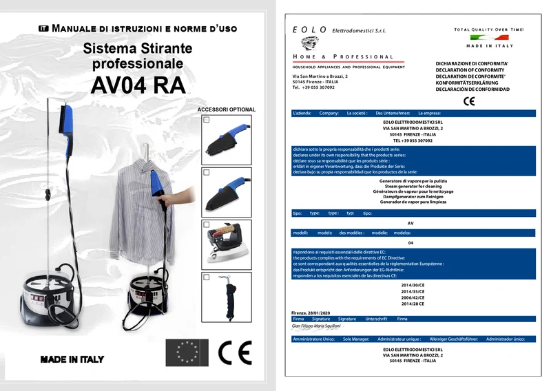 Sistema stirante professionale AV04 RA con Caldaia in rame a Risparmio energetico e Resistenza esterna anticalcare (2,4 L) Classe energetica A++ Made in Italy Garanzia 5 anni