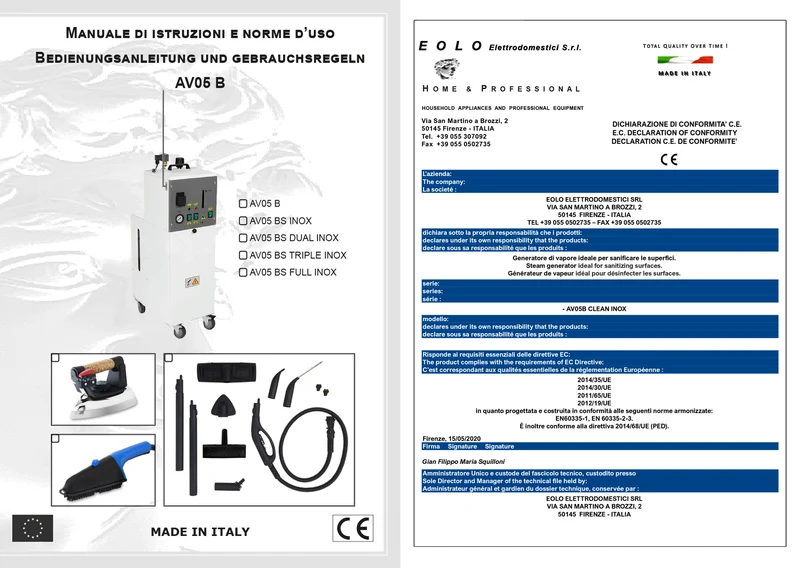 Sistema stirante professionale AV05 BS DUAL INOX con caldaia in acciaio inox AISI 304 e resistenza esterna anticalcare (4,5 L) e tanica acqua/liquido per la sanificazione da 10 litri Made in Italy Garanzia 5 anni