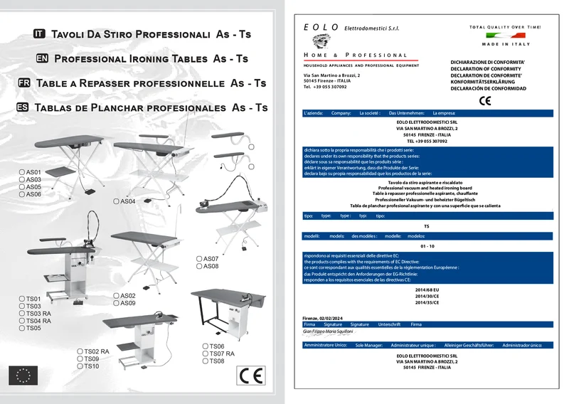 Tavolo da stiro professionale con Caldaia e Ferro da stiro Motore aspirante Piano riscaldato con termostato TS03 RA Classe Energetica A++ Made in Italy Garanzia 5 anni