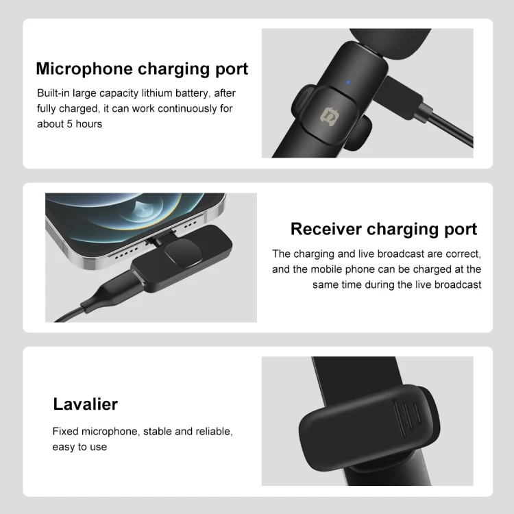 PULUZ Wireless Lavalier Noise Reduction Reverb Microphone for 8-Pin Device, Support Phone Charging(Black)