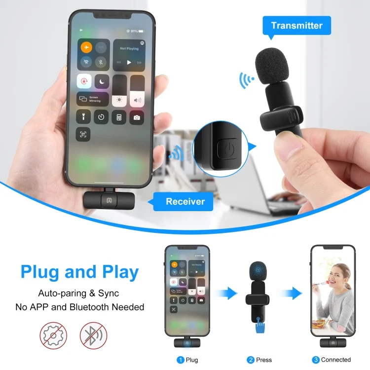 PULUZ Wireless Lavalier Noise Reduction Reverb Microphone for 8-Pin Device, Support Phone Charging(Black)
