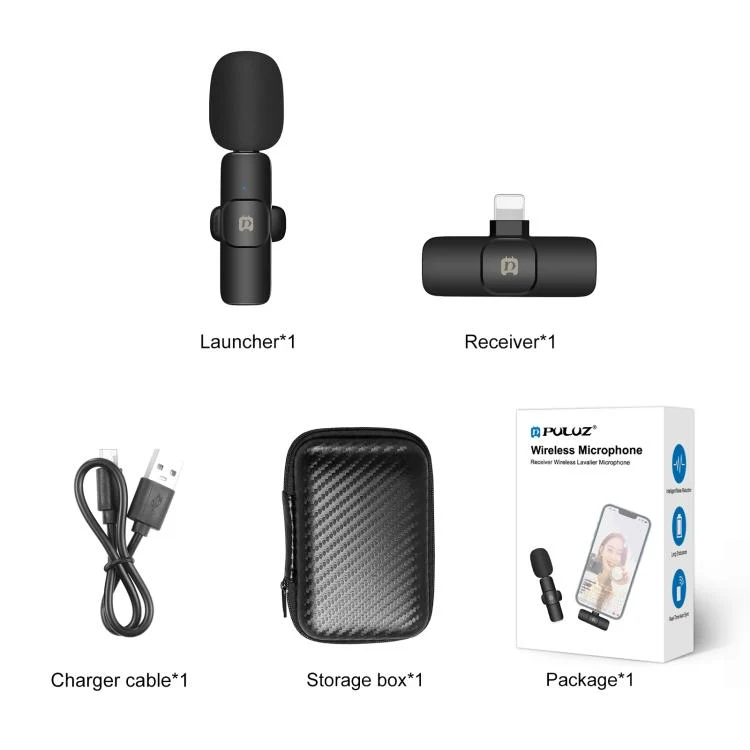 PULUZ Wireless Lavalier Noise Reduction Reverb Microphone for 8-Pin Device, Support Phone Charging(Black)