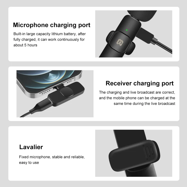 PULUZ Wireless Lavalier Noise Reduction Reverb Microphones for iPhone / iPad, 8-Pin Receiver and Dual Microphones(Black)