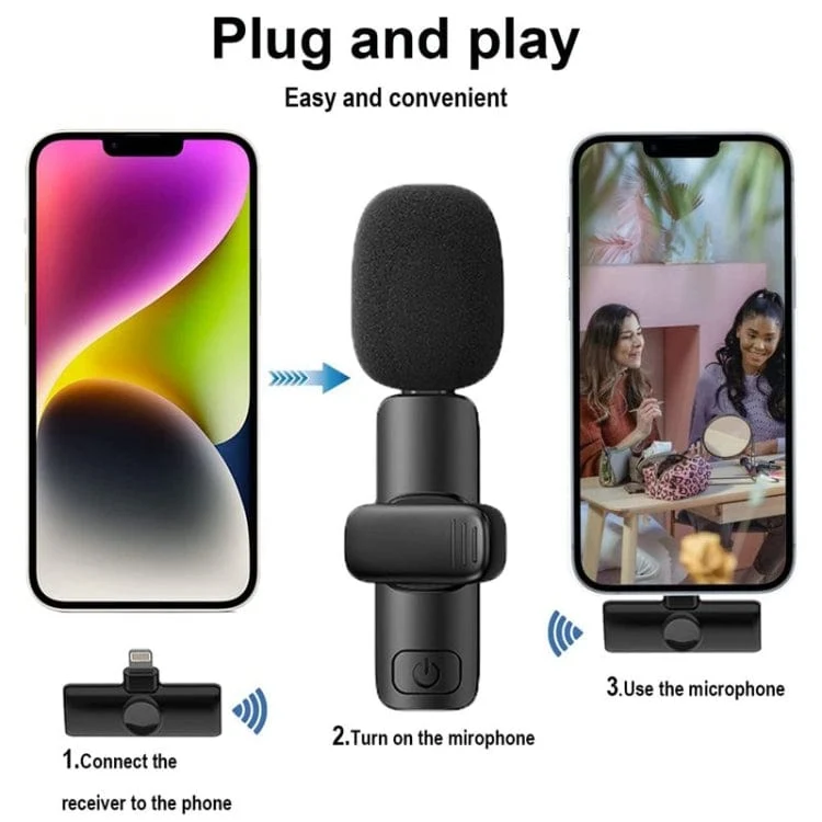 Bluetooth Mini Microphone Wireless Lavalier Noise Reduction Microphone for iPhone / iPad, with 8 Pin Receiver & Dual Microphones