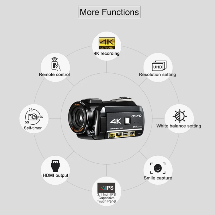 ORDRO AC3 3.1 inch IPS Screen 4K Full HD 13MP Night Vision WiFi Live Camcorder DV Digital Camera, Style:Standard(Black)