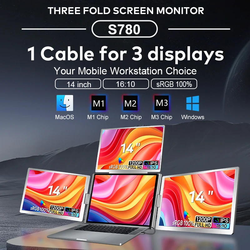 14" Trifold Laptop Monitor Extender – 360° Flip, 180° Rotation, Fits 12–17" M2/M3 Macs
