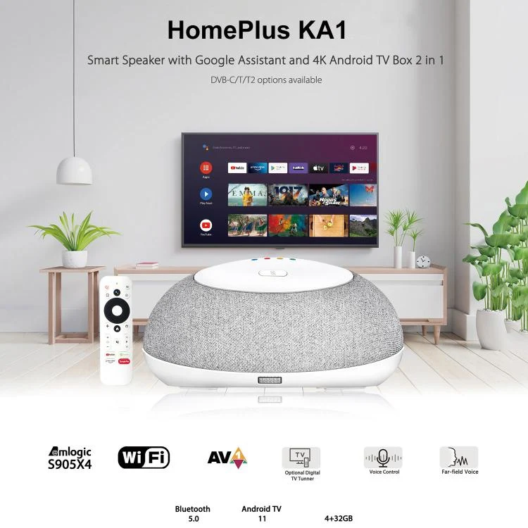 KA1 Smart TV Speaker Android 11 TV Box with Remote Control, Amlogic S905X4 Quad Core Cortex-A55, 4GB+32GB, Dual-Band / Bluetooth / Ethernet / OTT(EU Plug)